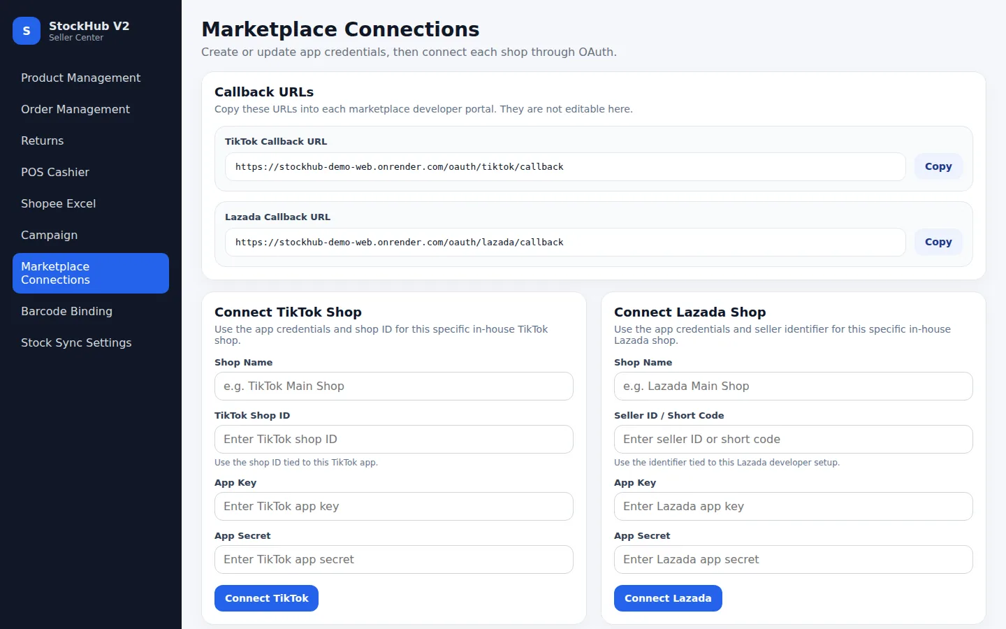 หน้า Marketplace Connections — เชื่อม TikTok/Lazada ผ่าน OAuth ของแต่ละร้าน