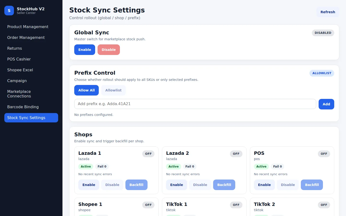 หน้า Stock Sync Settings — คุม rollout การ sync สต็อกออกไปแต่ละช่องทาง แยกราย SKU prefix หรือราย shop ได้